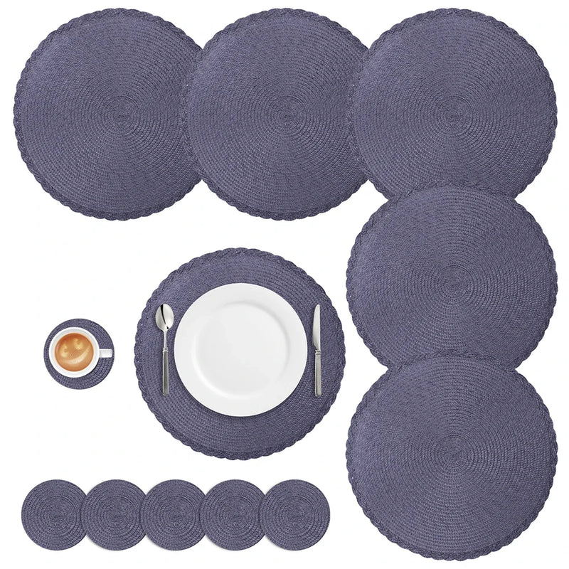 Set of 6 Round Placemats and Coasters Braided Woven Place Mats Washable Heat Resistant Table Mats and Coasters for Dining Table