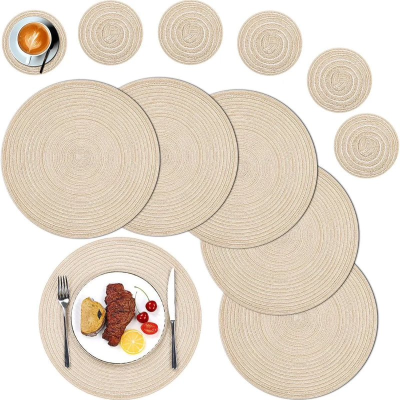 Set of 6 Round Placemats and Coasters Braided Woven Place Mats Washable Heat Resistant Table Mats and Coasters for Dining Table