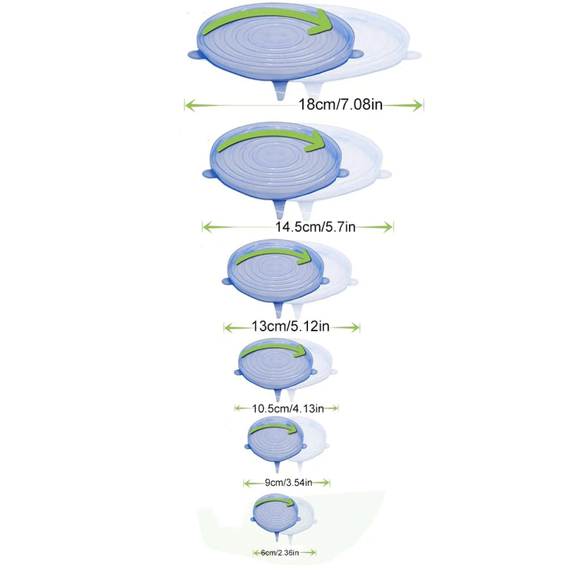 6 pçs capa de preservação de silicone de grau alimentício reutilizável hermético alimentos universal prato estiramento redondo tampas para acessórios de cozinha
