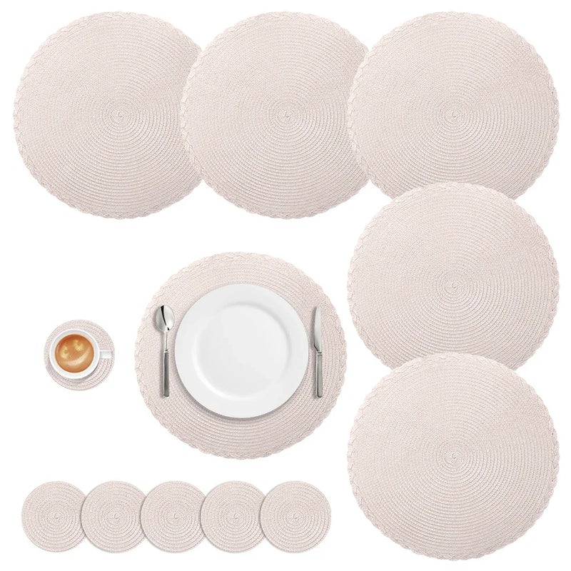 Set of 6 Round Placemats and Coasters Braided Woven Place Mats Washable Heat Resistant Table Mats and Coasters for Dining Table